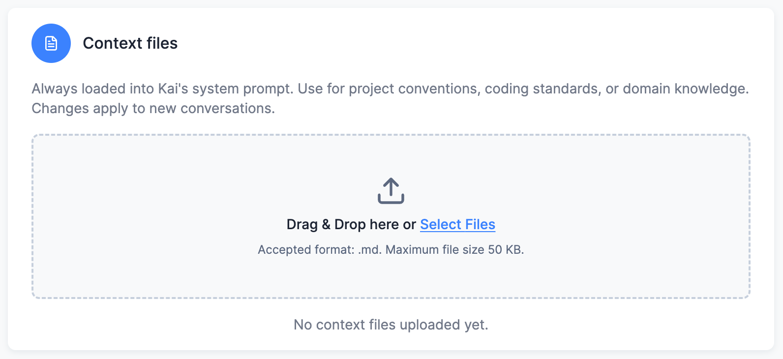 Context files card in Settings → Kai Agent